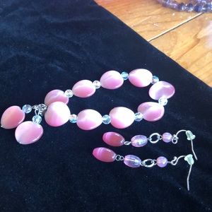 Pink Beaded Hearts Bracelet with Pink Beaded Drop Earrings